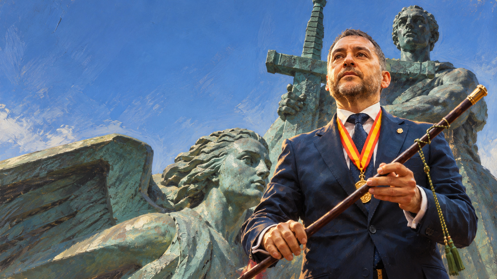 Ilustración editorial de un hombre con traje y medalla ante las esculturas de bronce del Monumento a la Paz de Santa Cruz de Tenerife.